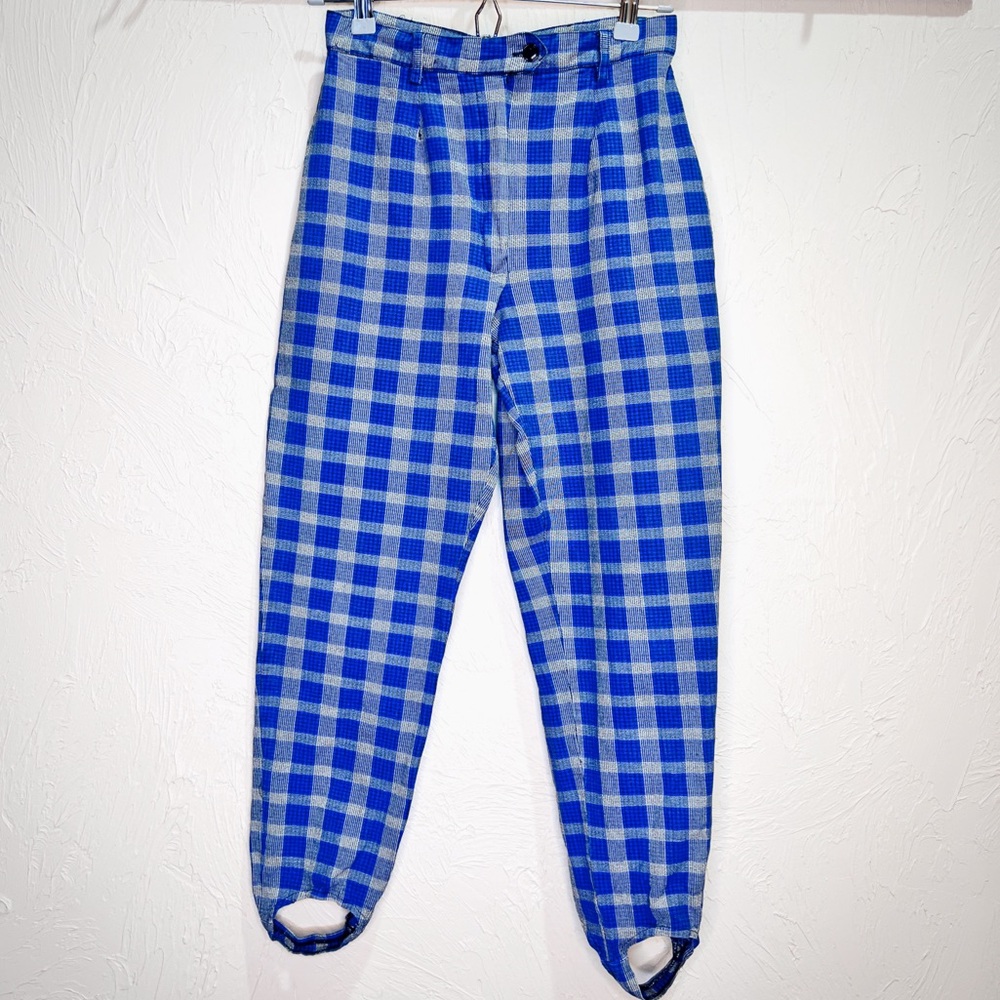 Vintage 80s Ashleigh Morgan Blue Plaid Stirrup Pants Women's 8 Tapered Leg